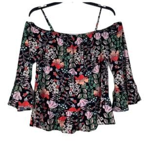 ECI New York Size Medium Black floral blouse off shoulder Bell Sleeve Blouse
